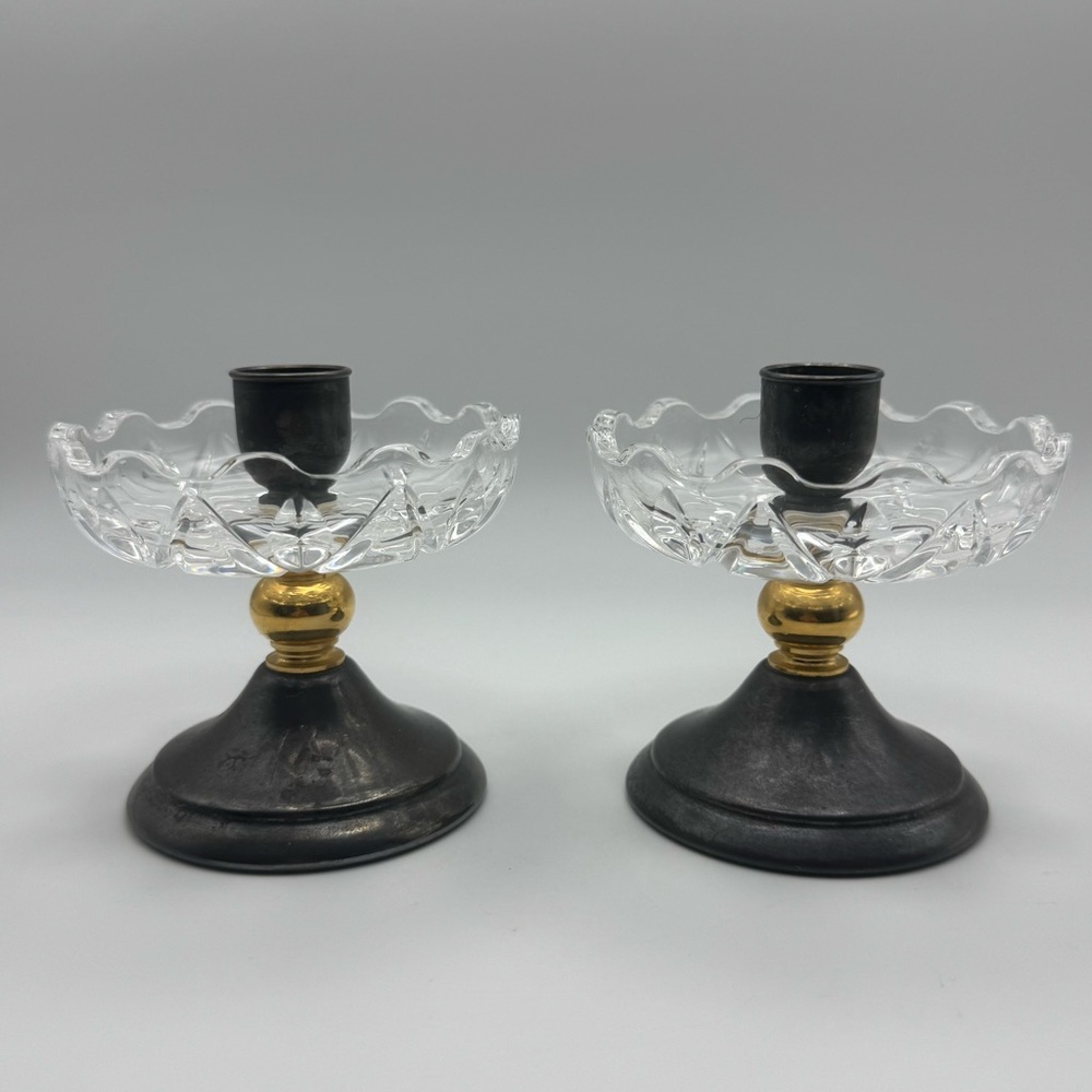Vintage Crystal and Metal Candle Holder Pair